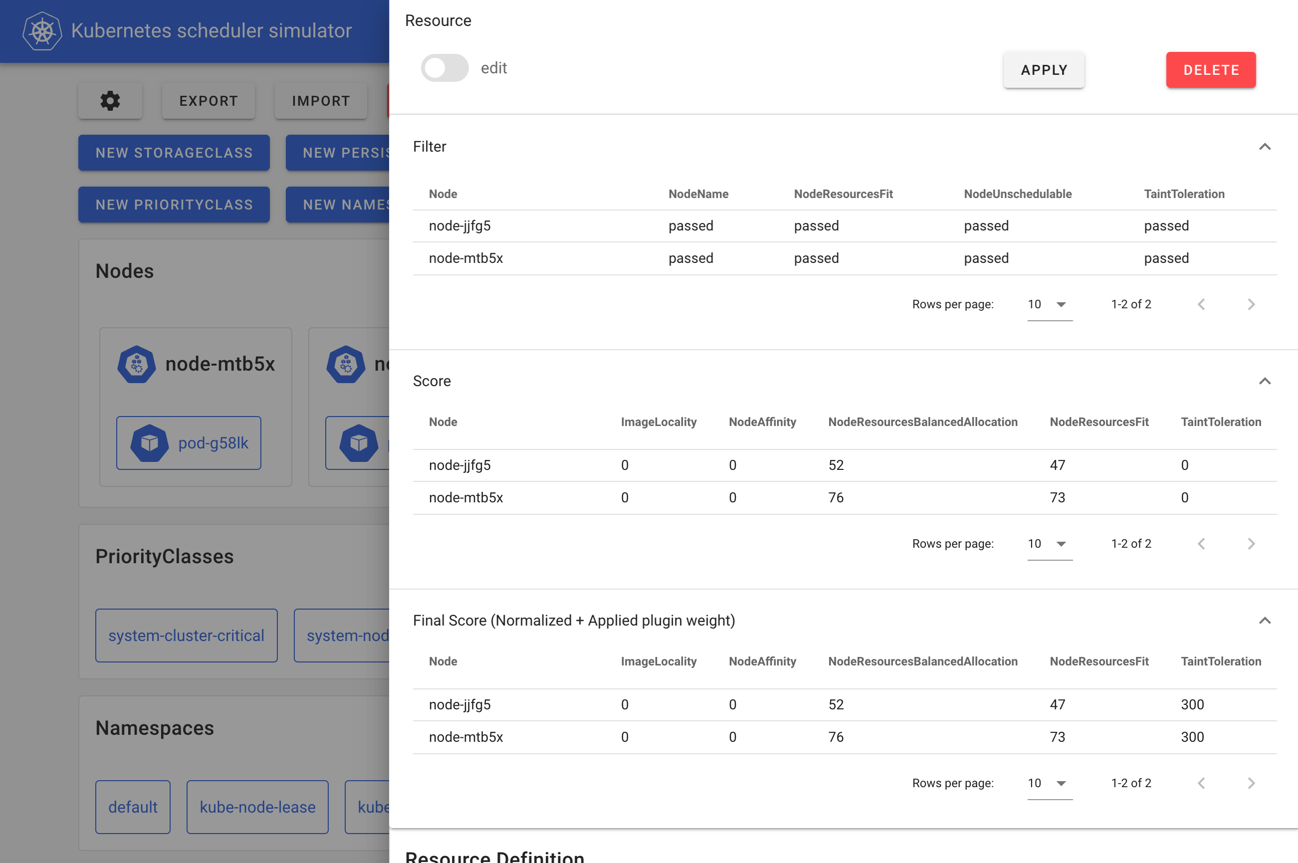 模拟器 Web 前端的截图，显示了每个节点和每个扩展点的详细调度结果